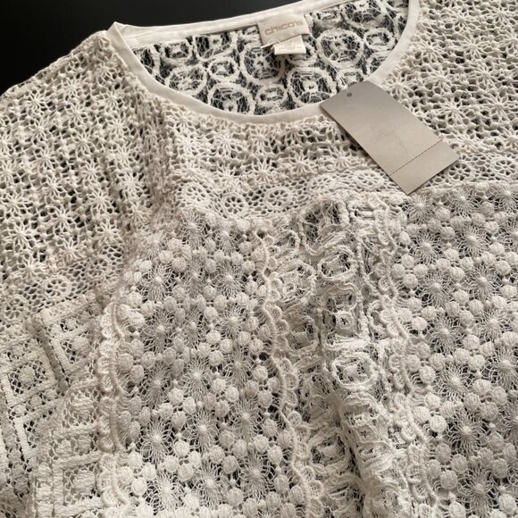 Chico's NWT ($79) Size 3 (XL) White Lace Crochet Sheer Cotton Blend Top Blouse - Picture 2 of 7